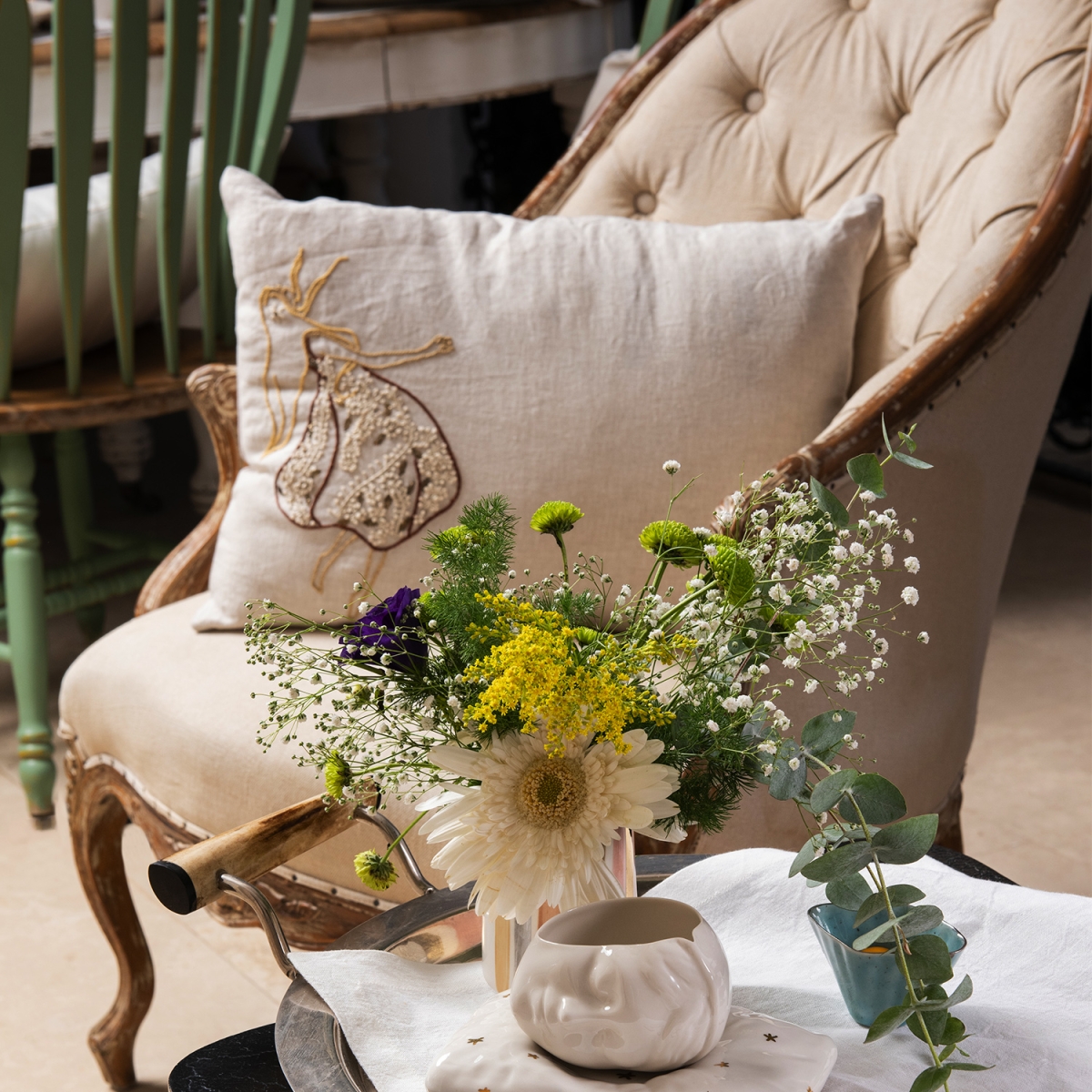 Sufi White,Hand Embroidered Linen Cushion